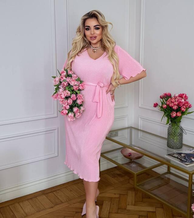 Платье женское из плиссе с поясом миди приталенное весеннее