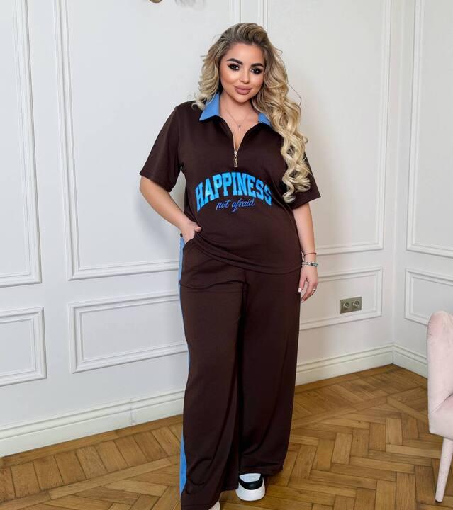 Костюм-двойка женский из двунитки повседневный с футболкой и свободными брюками оверсайз с надписью