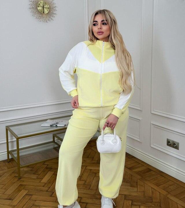 Костюм-двойка женский велюровый повседневный с кофтой на молнии и свободными брюками оверсайз демисезонный