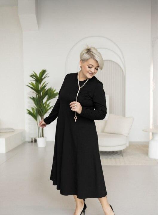 Платье-трапеция женское из двунитки повседневное весеннее миди с длинными рукавами расклешенного силуэта больших размеров