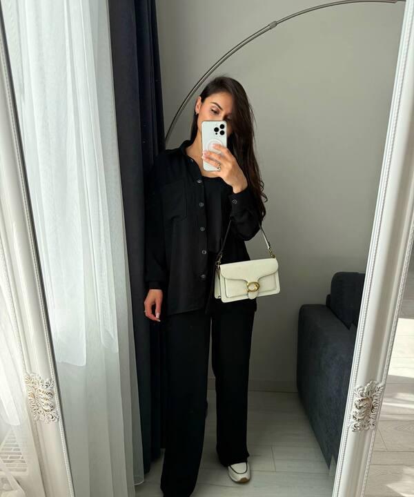 Костюм-тройка женский из крепа жатки с топом рубашкой и свободными брюками летний