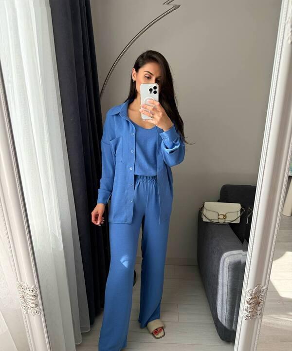 Костюм-тройка женский из крепа жатки с топом рубашкой и свободными брюками летний