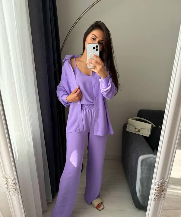 Костюм-тройка женский из крепа жатки с топом рубашкой и свободными брюками летний