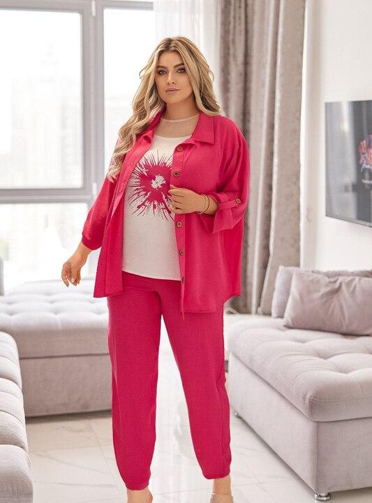 Костюм-тройка женский из крепа: рубашка футболка и джоггеры повседневный весенний