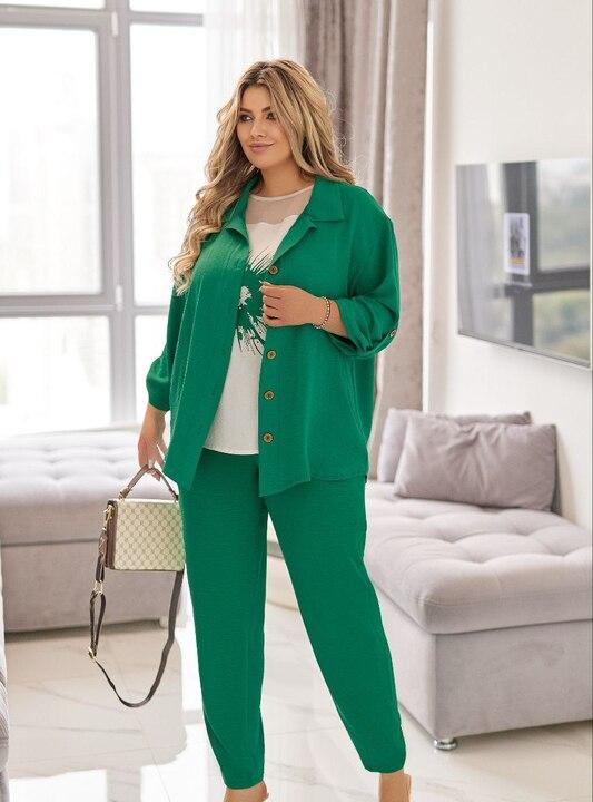 Костюм-тройка женский из крепа жатка: сорочка футболка и джоггеры с аппликацией повседневный весенний