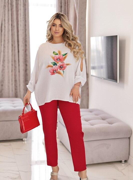 Костюм-двойка женский из софта и костюмной ткани с принтом свободная блузка с разрезами на рукавах и брюки весенний