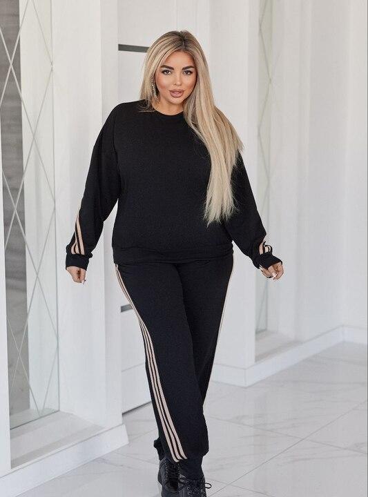 Спортивный костюм-двойка женский из двунитки с хлопком со свитшотом и джоггерами с лампасами весенний