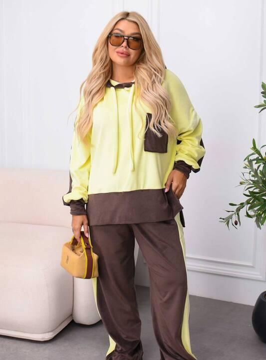 Спортивный костюм-двойка женский из велюра с худи свободного кроя и прямыми брюками с лампасами демисезонный