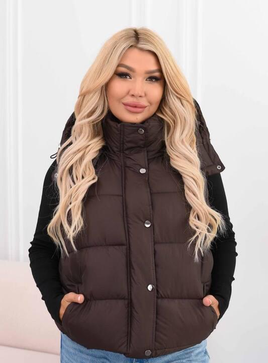 Жилетка женская демисезонная дутая удлинённая со съёмным капюшоном и карманами