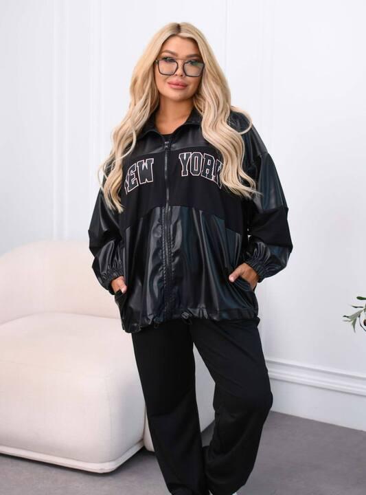 Костюм-тройка женский демисезонный из двунитки и эко кожи с бомбером футболкой и джогерами оверсайз