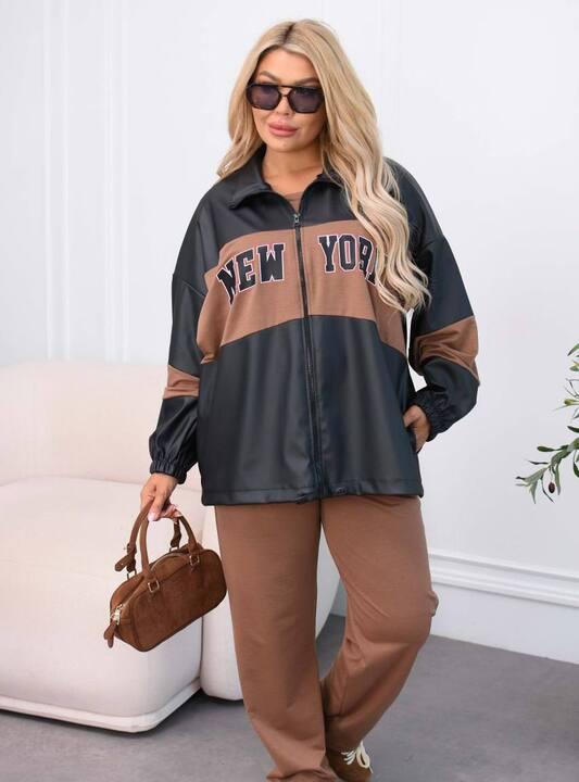 Костюм-тройка женский демисезонный из двунитки и эко кожи с бомбером футболкой и джогерами оверсайз