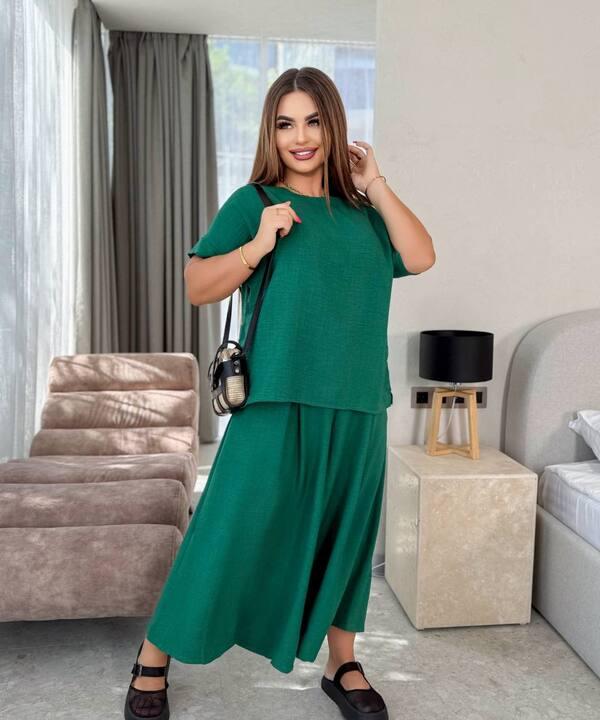 Костюм-двойка женский льняной с свободной блузой и широкими брюками летний