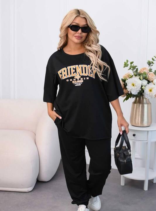 Спортивный костюм-двойка женский из двунитки с футболкой оверсайз и джогерами с надписью демисезонный