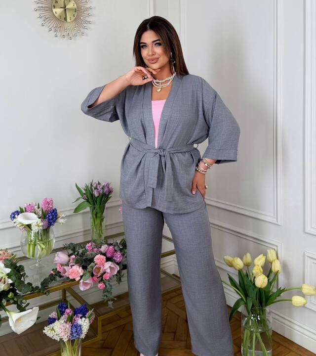 Костюм-двойка женский из льна Бохо с кардиганом под пояс и свободными брюками с высокой посадкой весенний