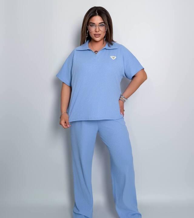 Спортивный костюм-двойка женский из хлопкового рубчика Barcelona с футболкой поло свободного кроя и прямыми брюками весенний