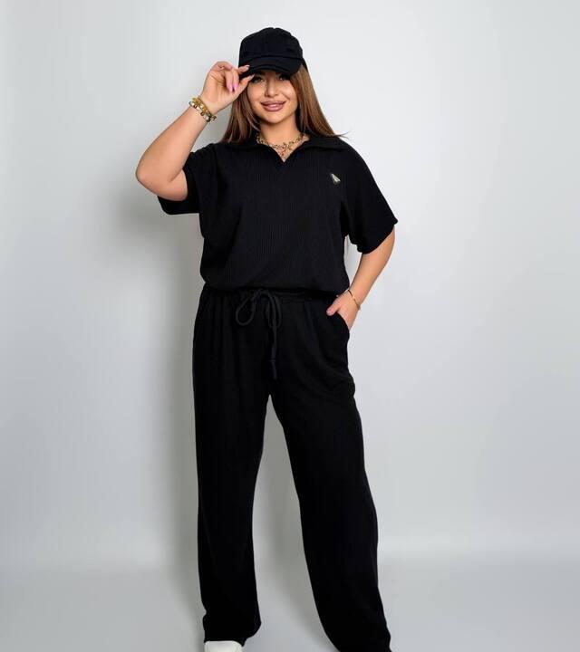 Спортивный костюм-двойка женский из хлопкового рубчика Barcelona с футболкой поло свободного кроя и прямыми брюками весенний