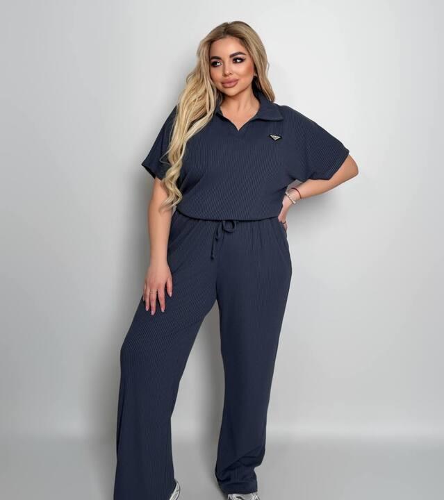 Спортивный костюм-двойка женский из хлопкового рубчика Barcelona с футболкой поло свободного кроя и прямыми брюками весенний