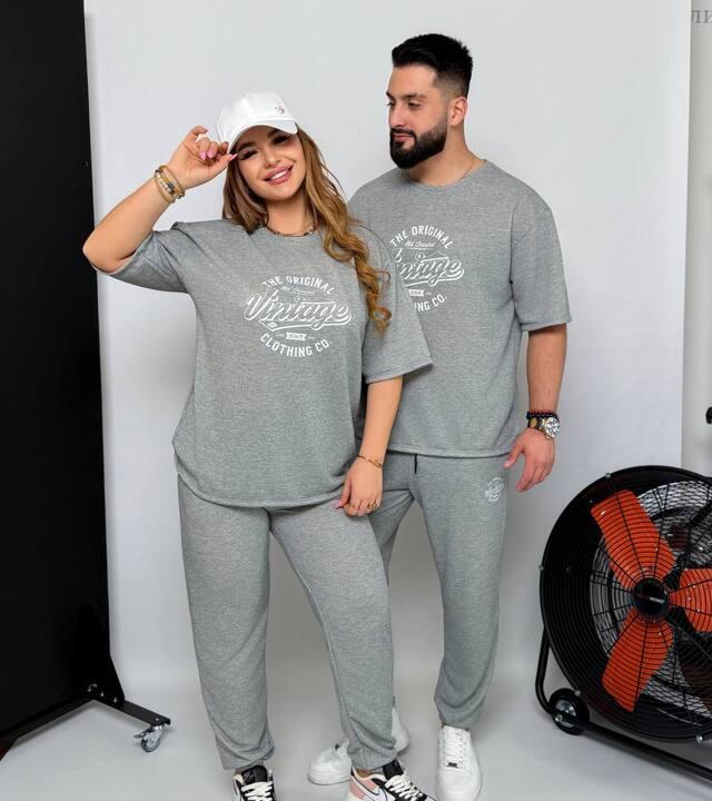 Спортивный костюм унисекс из двунитки петля меланж с футболкой и джоггерами на резинке со шнурком и карманами демисезонный