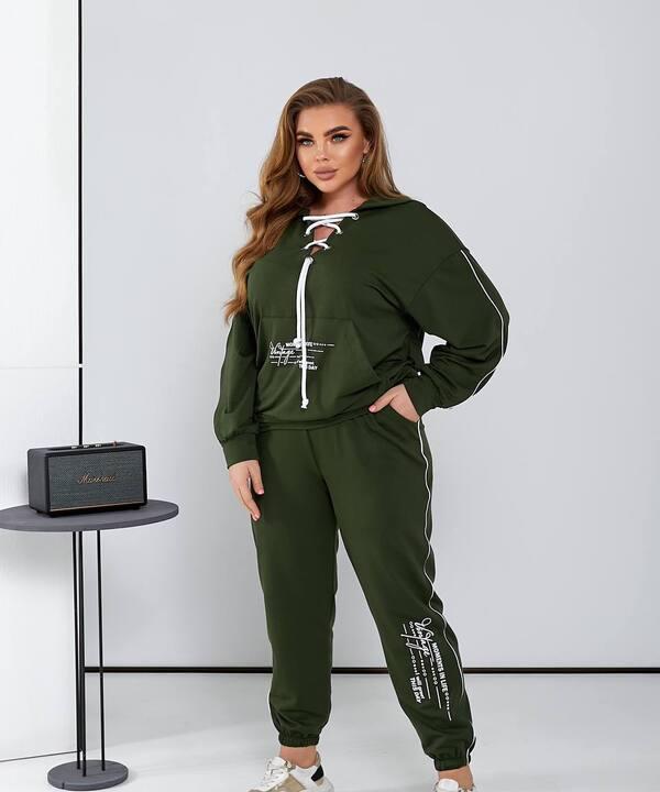 Спортивный костюм-двойка женский из двунитки с худи и джоггерами с лампасами демисезонный