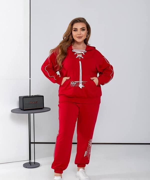 Костюм-двойка женский из двунитки с худи на шнуровке и брюками повседневный весенний