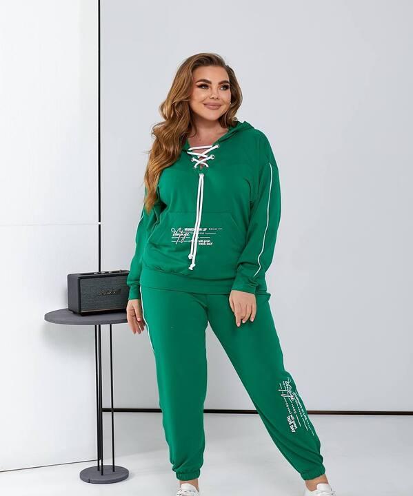 Костюм-двойка женский из двунитки с худи на шнуровке и брюками повседневный весенний