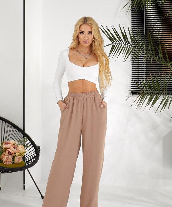 Брюки женские из американского крепа палаццо на резинке с высокой посадкой свободного кроя весенние