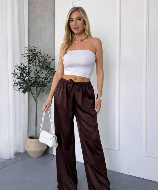 Брюки женские из дабл шелка палаццо на резинке с высокой посадкой свободного кроя весенние