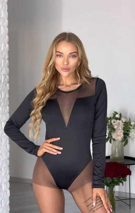 Боди женское из микродайвинга и трикотажной сетки с длинными рукавами и прозрачной вставкой весеннее