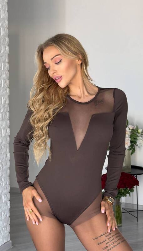 Боди женское из микродайвинга и трикотажной сетки с длинными рукавами и прозрачной вставкой весеннее