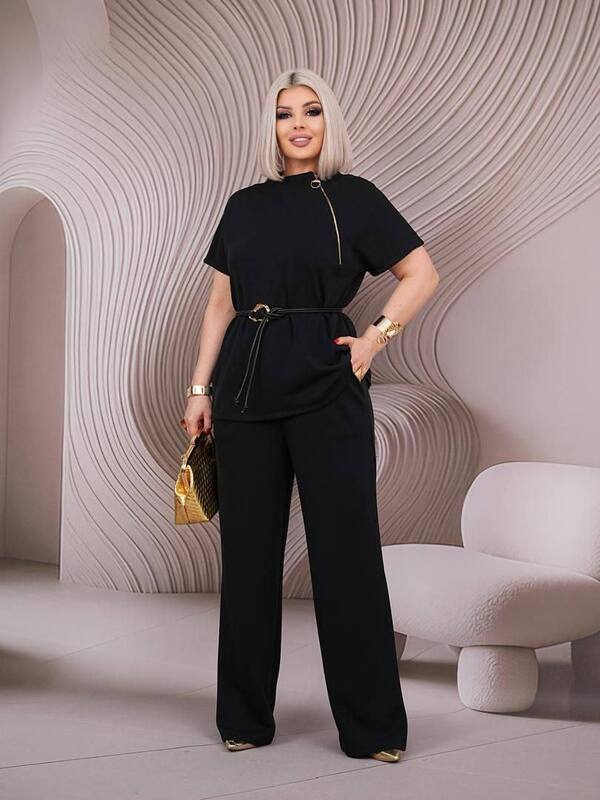 Костюм-двойка женский из итальянского трикотажа повседневный с блузой свободного кроя на молнии поясом и широкими брюками больших размеров весенний