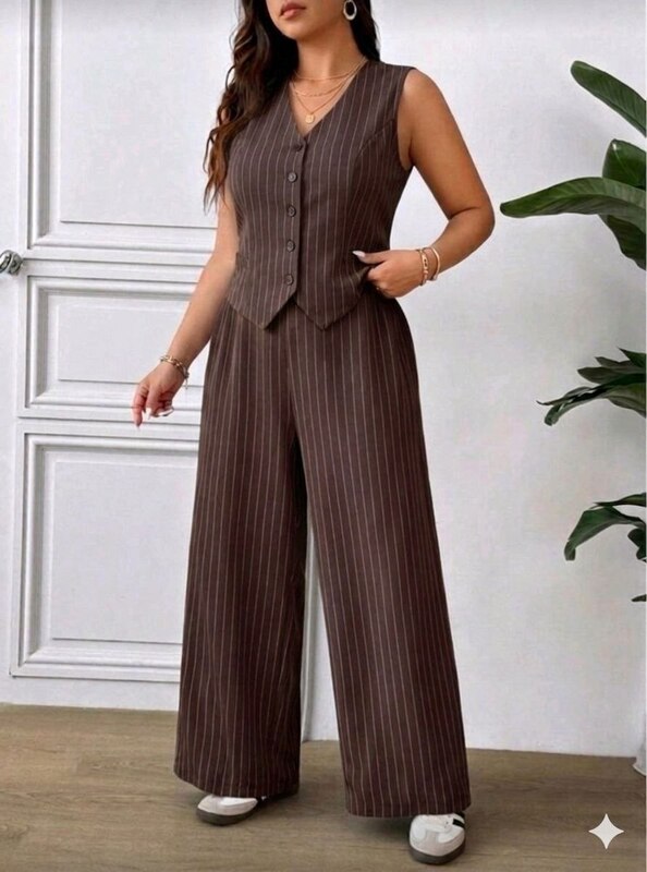 Костюм-двойка женский из костюмного тиара с жилеткой и широкими брюками в полоску летний