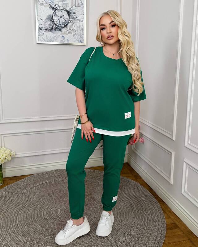 Спортивный костюм женский из хлопка и эластана с футболкой свободного кроя и штанами весенне-летний