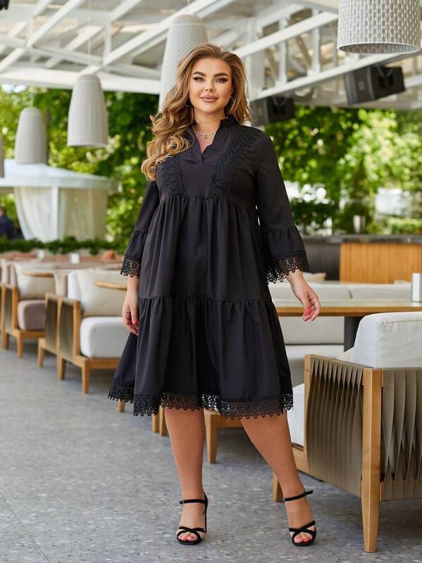 Платье-трапеция женское из софта с кружевной отделкой и длинными рукавами больших размеров весенне-летнее
