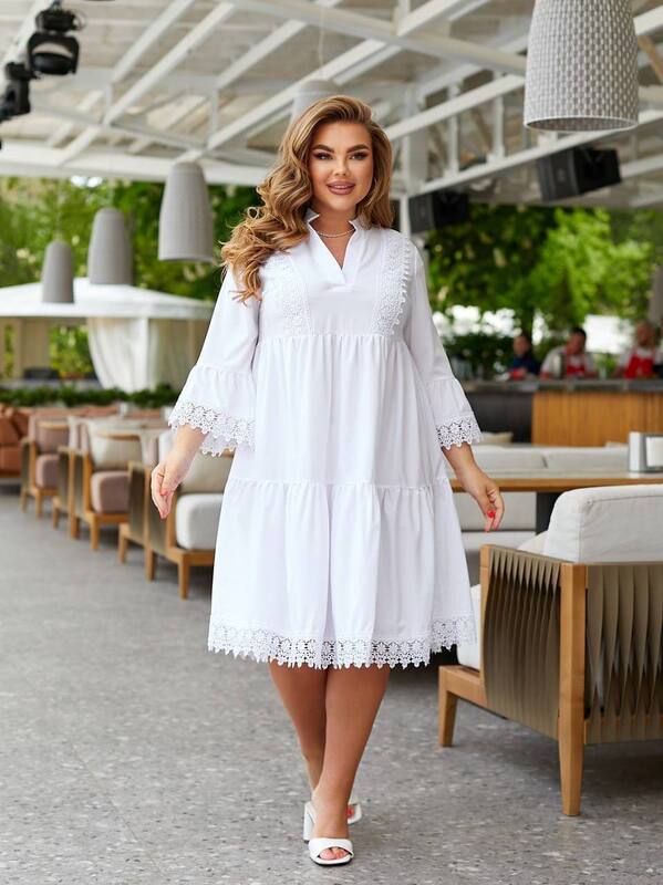 Платье-трапеция женское из софта с кружевной отделкой и длинными рукавами больших размеров весенне-летнее