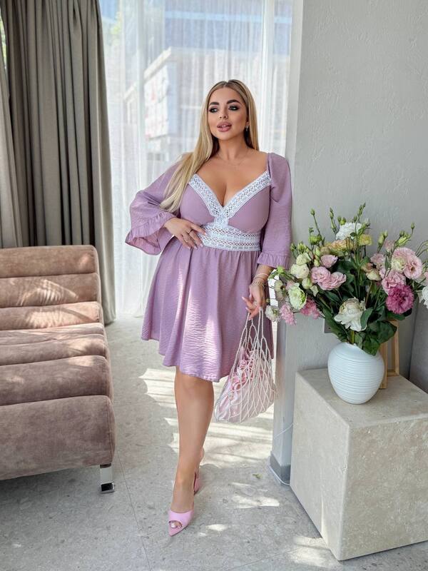 Платье-трапеция женское из льна-жатки с кружевной отделкой и расклешенными рукавами больших размеров весенне-летнее