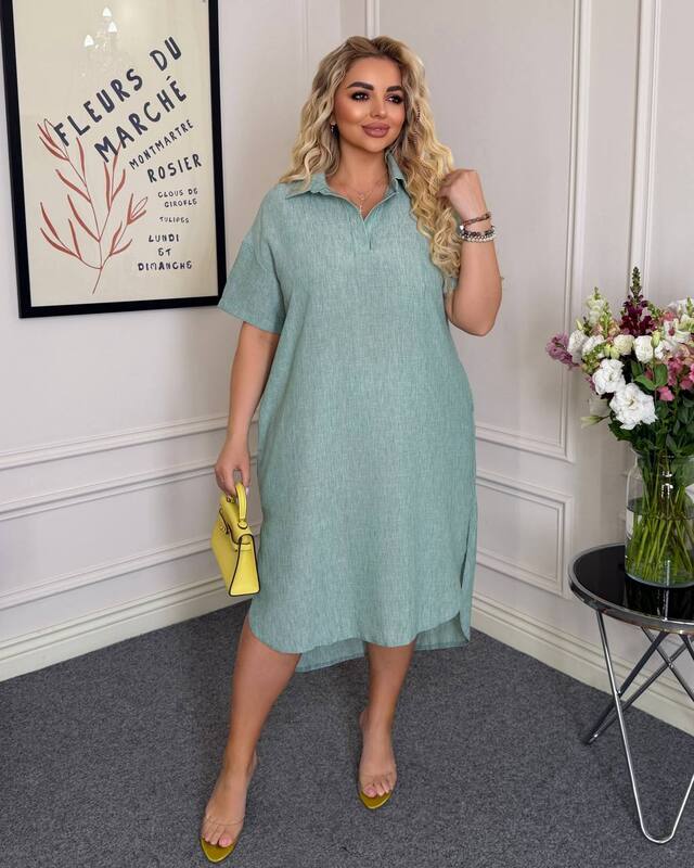 Платье женское батал миди из летнего льна свободного прямого кроя с воротником коротким рукавом карманами и боковыми разрезами