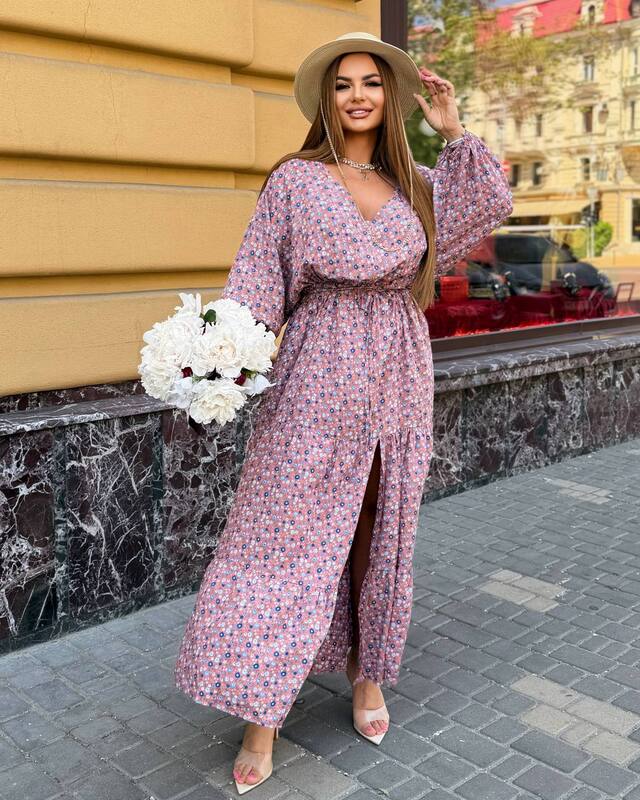 Платье женское макси из штапеля с цветочным принтом, кулиской на талии и боковым разрезом больших размеров