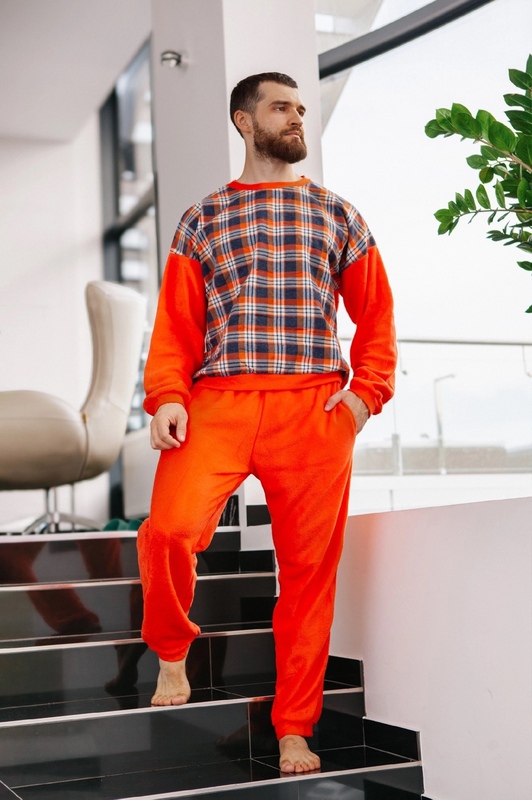 Пижама мужская флисовая байка в клетку кофта + штаны