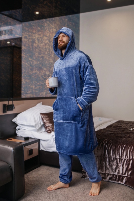 Пижама мужская полированная махра велсофт теплая кофта худи удлиненная + штаны