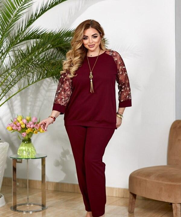 Костюм женский креп дайвинг с вышивкой на сетке весенний блузка + брюки на резинке