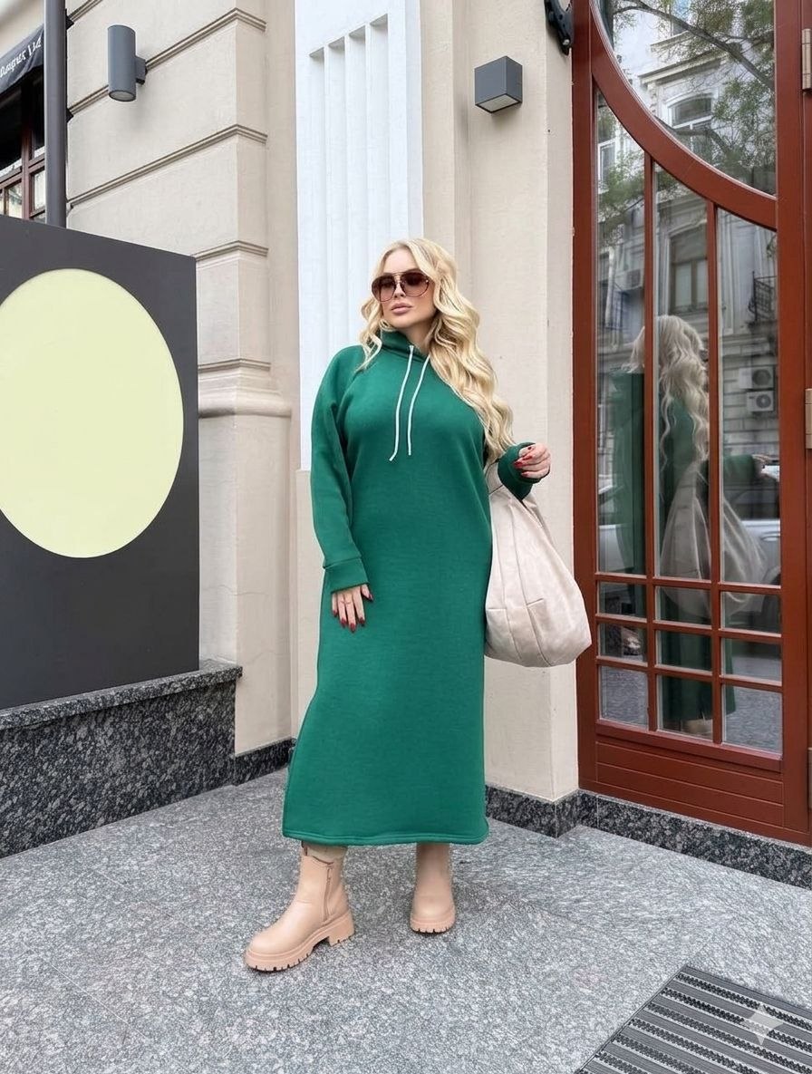 Платье-худи женское удлинённое из трёхнитки на флисе с капюшоном и боковыми разрезами осенне-зимнее  k-124798