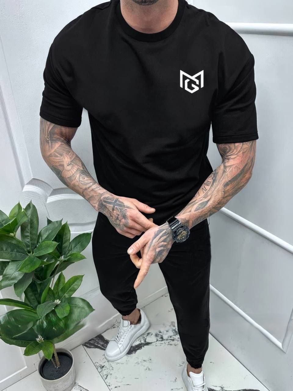 Спортивный костюм мужской из двунитки с футболкой и брюками на резинке со шнурком демисезонный
