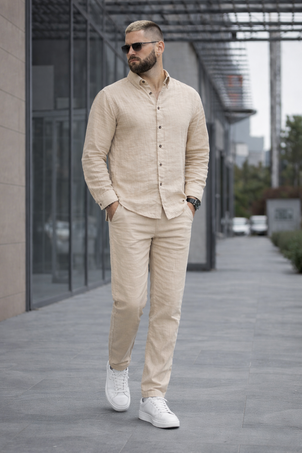 Костюм-двойка мужской льняной из ткани лен бохо: рубашка и брюки весенне-летний