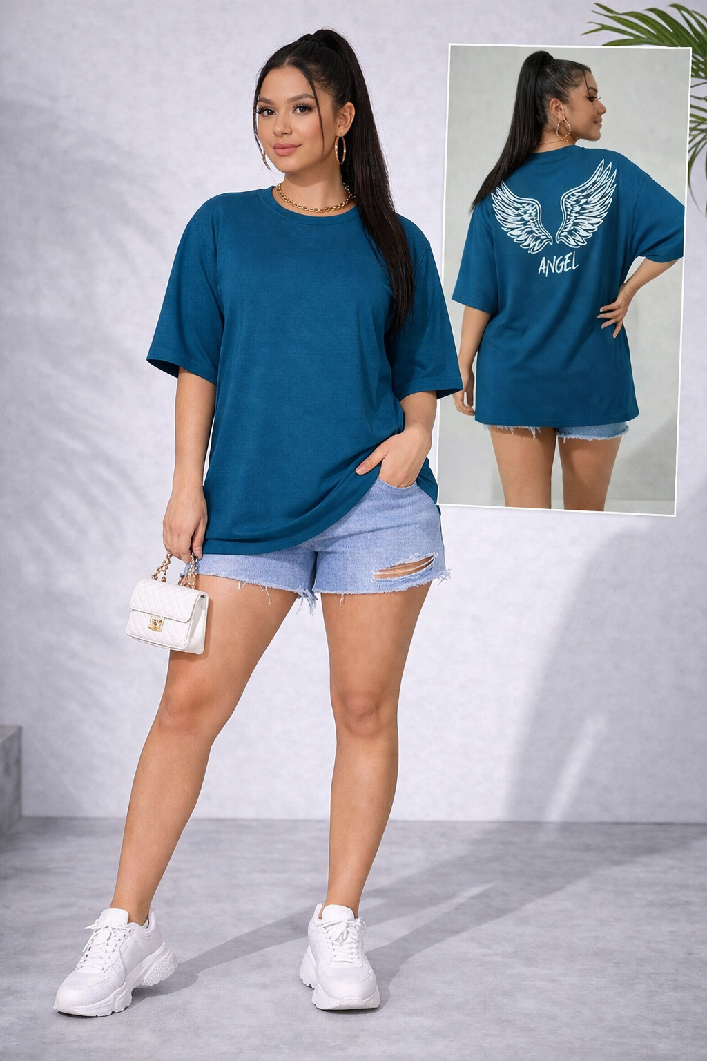 Футболка женская из хлопка оверсайз удлинённая с принтом крылья и надписью летняя