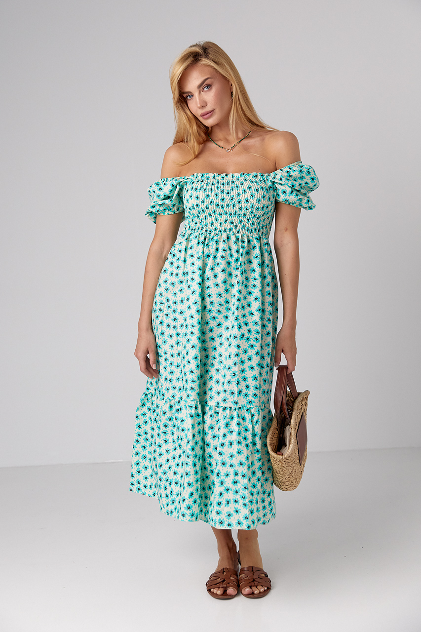 Сукня у дрібні квіти з відкритими плечима lx-10472127 Сукня у дрібні квіти з відкритими плечима lx-10472127