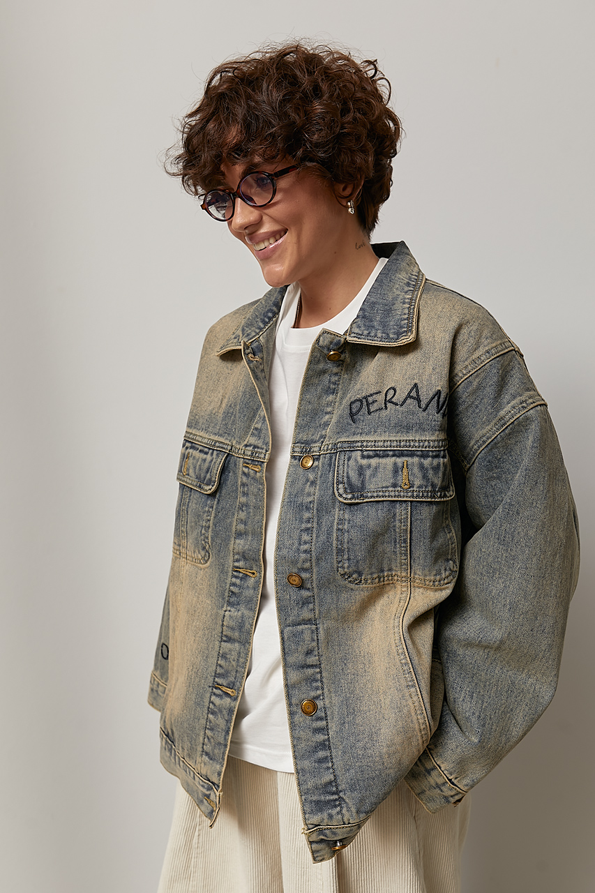 Джинсова куртка з вишитими написами  lx-2070