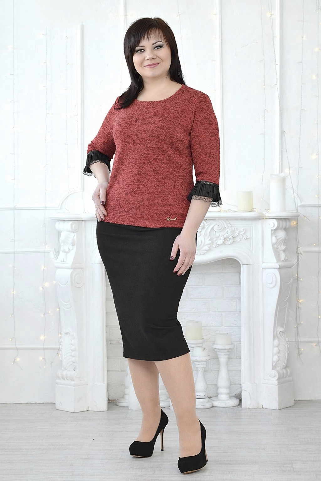 Костюм-двойка женский из ангоры и дайвинга с джемпером полуприлегающего кроя с кружевными рукавами и юбкой-карандаш осенне-зимний  M-1055-PL3-881-06-02