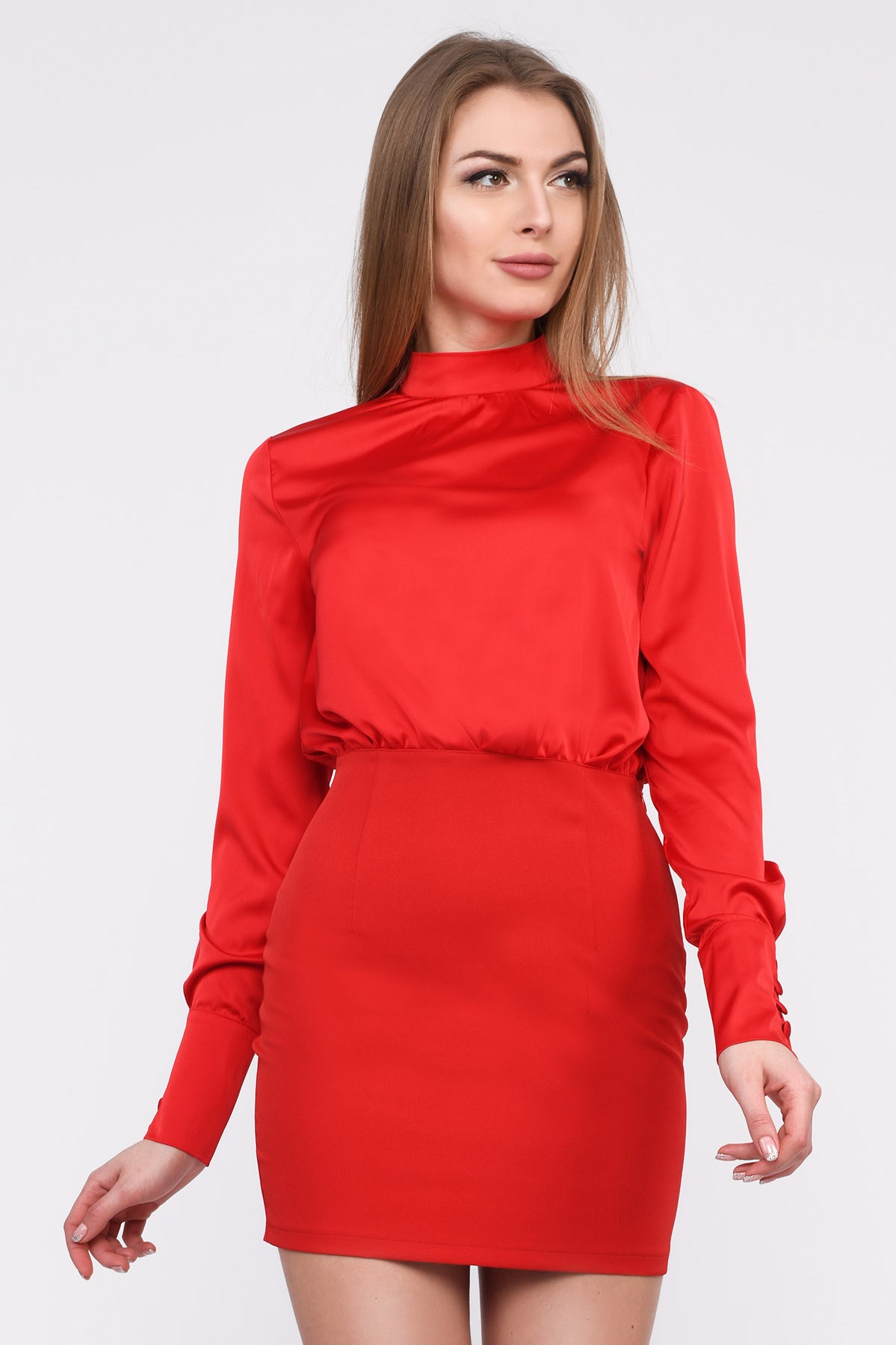 Комбинированное мини платье красного цвета 35073
