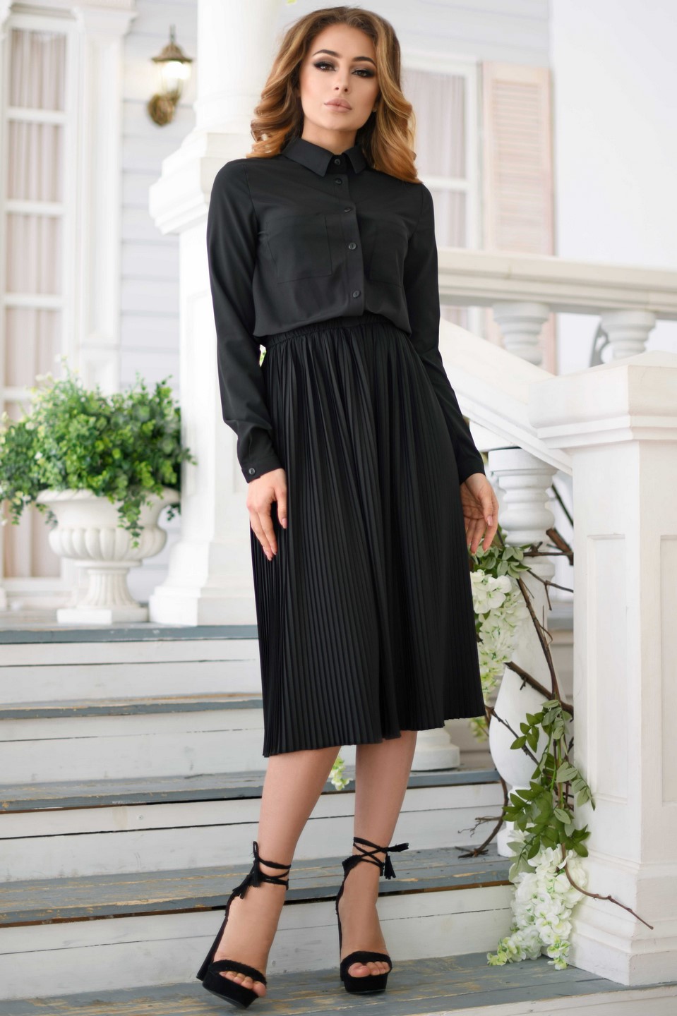 Платье с эффектом рубашки и юбки-плиссе 35516