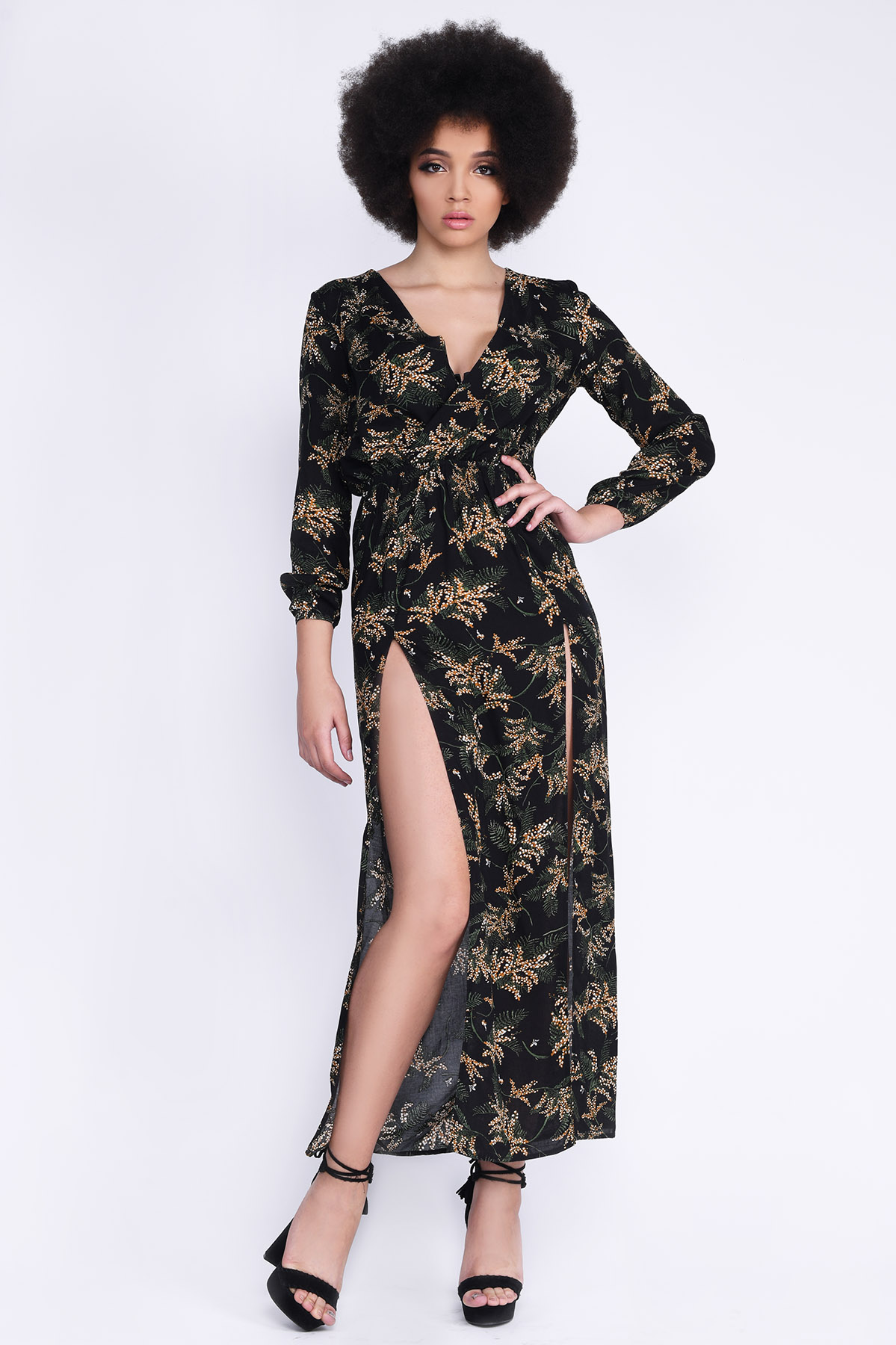 Черное платье-макси с двумя разрезами 35503